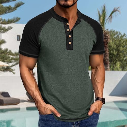 Authentic Mens Henley Shirts Short Sleeve Casual Vintage Button Down Cotton T-Shirt Summer Basic Solid Loose Lightweigh